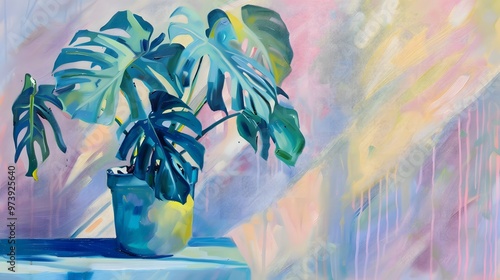 Oil painting of monstera in green pot, blue and pink striped sides