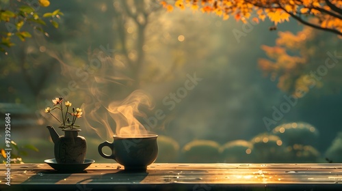 On a wooden table, a single cup of steaming coffee and a small flower pot, set in a traditional Japanese Zen garden at sunrise