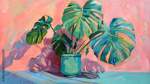 Oil painting of monstera in green pot, blue and pink striped sides
