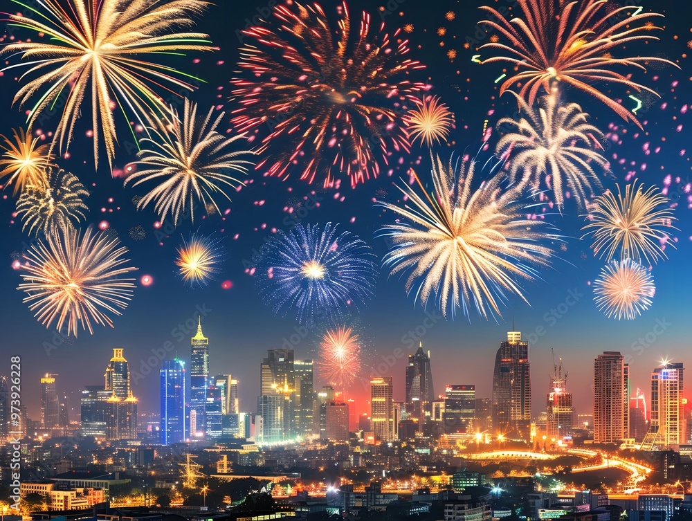 Fototapeta premium Nighttime Fireworks Display over a Cityscape