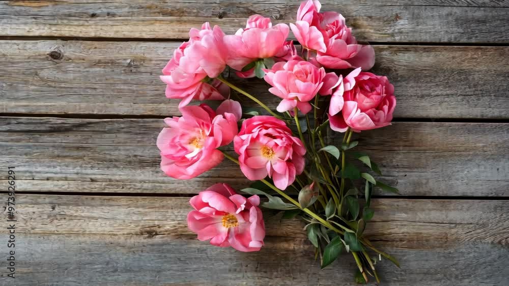 Beautiful bouquet of pink peonies arranged on rustic wooden table for elegant floral display Beautiful bouquet of pink peonies arranged on rustic wooden table for elegant floral display