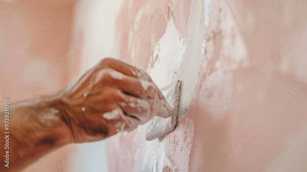 Decorator enhancing apartment interiors, skilled hand smoothing wallpaper with precision tool, transforming living space, home renewal in progress, attention to detail evident. Decorator enhancing apartment interiors, skilled hand smoothing wallpaper with precision tool, transforming living space, home renewal in progress, attention to detail evident.