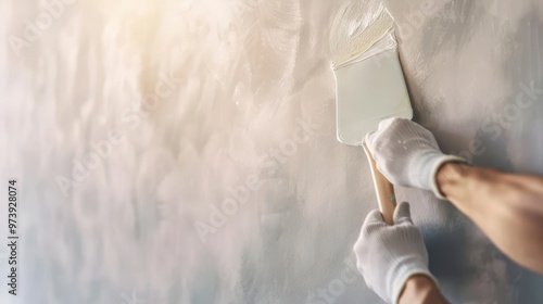 Home Renovation, close-up of a decorator's hand expertly smoothing wallpaper with a spatula, showcasing attention to detail in apartment repair and transformation. photo