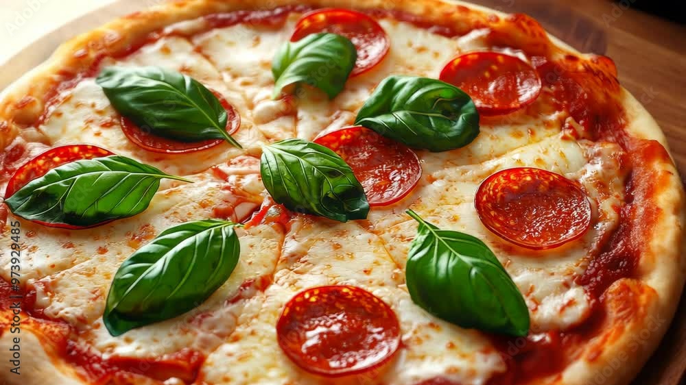 Delicious homemade pepperoni pizza topped with fresh basil made in a cozy kitchen Delicious homemade pepperoni pizza topped with fresh basil made in a cozy kitchen