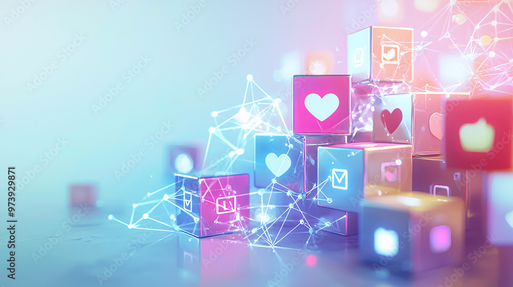 An abstract social media concept featuring stacked blocks with icons for followers, likes, and notifications, connected by glowing networks, set against a minimal light-colored background An abstract social media concept featuring stacked blocks with icons for followers, likes, and notifications, connected by glowing networks, set against a minimal light-colored background