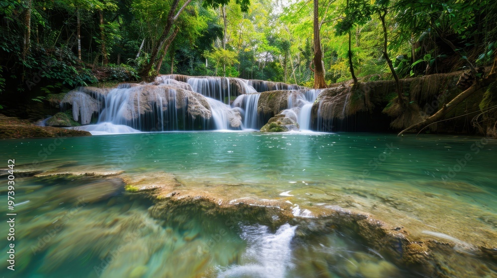 Serene Forest Waterfall, a breathtaking cascade surrounded by lush greenery, sunlight filtering through leaves, creating a tranquil oasis in the heart of nature. Serene Forest Waterfall, a breathtaking cascade surrounded by lush greenery, sunlight filtering through leaves, creating a tranquil oasis in the heart of nature.