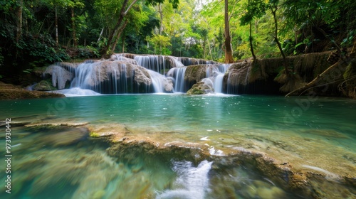 Serene Forest Waterfall, a breathtaking cascade surrounded by lush greenery, sunlight filtering through leaves, creating a tranquil oasis in the heart of nature.