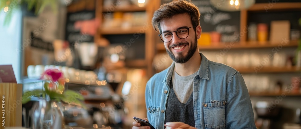 Contemporary young professional paying for coffee through a digital wallet, highlighting digital payment trends and modern cafe experiences Contemporary young professional paying for coffee through a digital wallet, highlighting digital payment trends and modern cafe experiences