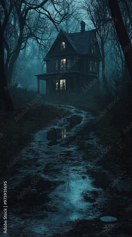 Eerie Haunted House in Dark Forest with Spooky Atmosphere, Glowing Windows, Night Scene, Overgrown Path, Halloween Concept Eerie Haunted House in Dark Forest with Spooky Atmosphere, Glowing Windows, Night Scene, Overgrown Path, Halloween Concept