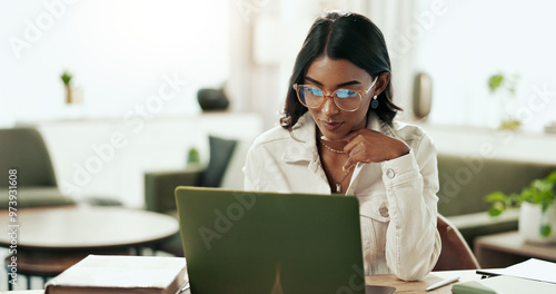 фотографія Business woman, working and laptop in office with public relations project and press release update