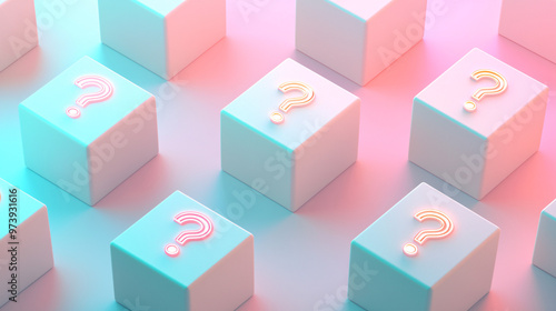 Abstract 3D cubes showcasing question icons, representing curiosity and inquiry, linked by subtle glowing points on a plain pastel-colored background 