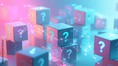 Stacked 3D cubes displaying question mark icons, symbolizing problem-solving and inquiry, arranged on a clean, smooth pastel background with glowing connection lines 