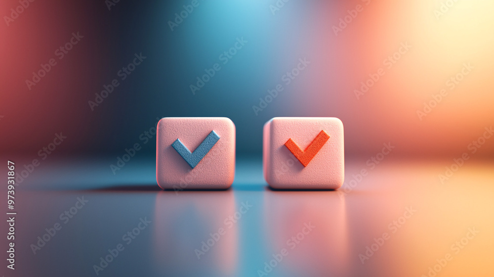 A pair of 3D blocks featuring contrasting choice symbols, such as a checkmark and an A pair of 3D blocks featuring contrasting choice symbols, such as a checkmark and an