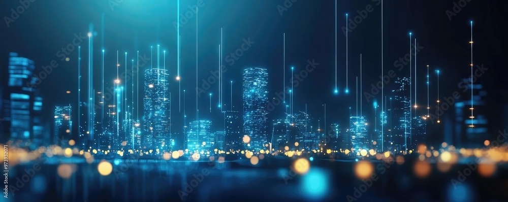 Futuristic city skyline with glowing lights and digital elements depicting advanced technology and urban innovation. Futuristic city skyline with glowing lights and digital elements depicting advanced technology and urban innovation.