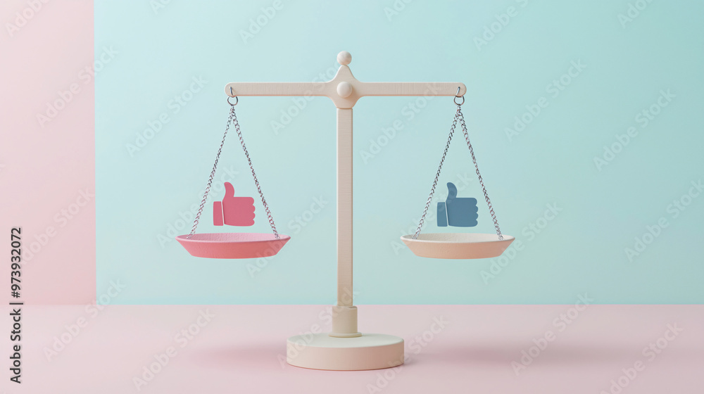 A 3D balance scale with icons representing two opposite options, such as a thumbs-up and thumbs-down, delicately balanced on a smooth, pastel background A 3D balance scale with icons representing two opposite options, such as a thumbs-up and thumbs-down, delicately balanced on a smooth, pastel background