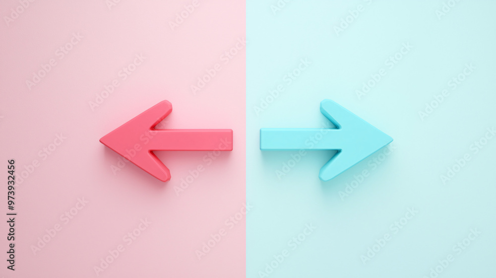 A simple 3D arrow split into two directions, one pointing left and the other right, representing a decision, on a smooth pastel background A simple 3D arrow split into two directions, one pointing left and the other right, representing a decision, on a smooth pastel background