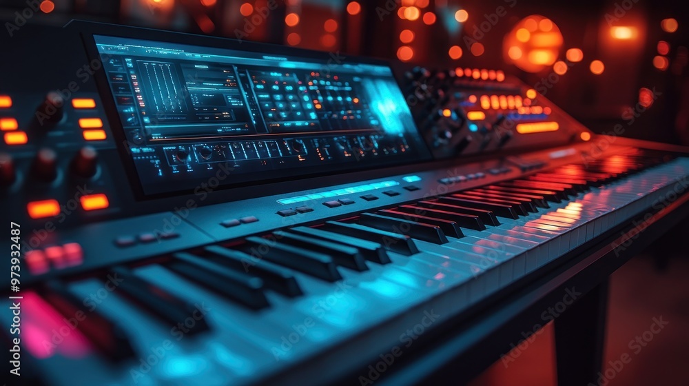 A close-up of a modern synthesizer with vibrant lighting. A close-up of a modern synthesizer with vibrant lighting.