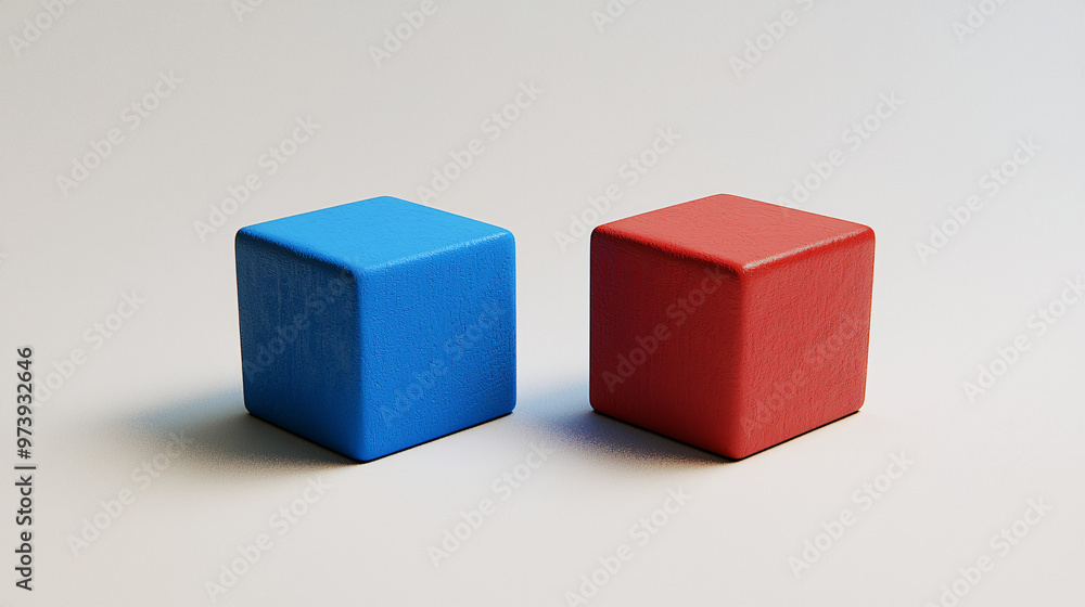 Two minimalist 3D cubes, one blue and one red, symbolizing opposite choices, placed side by side on a clean, white surface with soft shadowing Two minimalist 3D cubes, one blue and one red, symbolizing opposite choices, placed side by side on a clean, white surface with soft shadowing