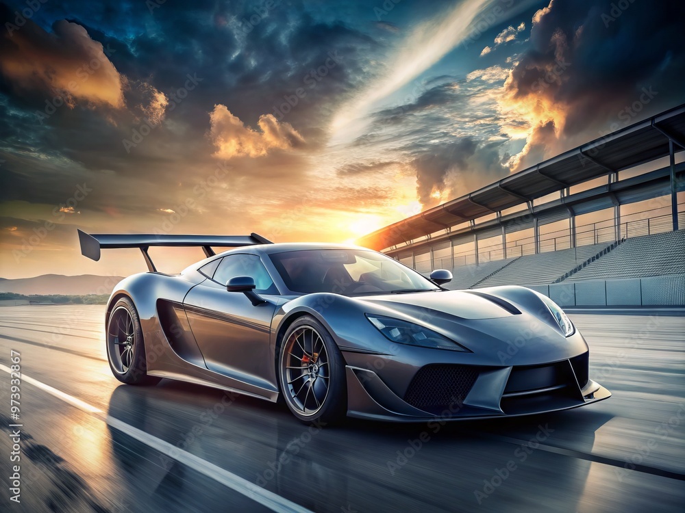 Naklejka premium A sleek, high-performance sports car features a bold, aerodynamic wing spoiler, set against a blurred background of