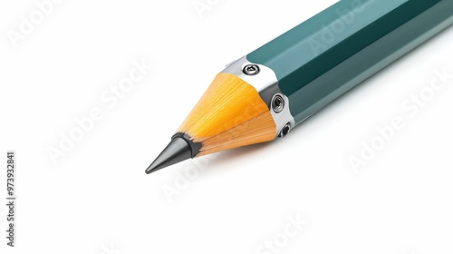 Precise close-up of a wooden drawing pencil with metal components on a white background.