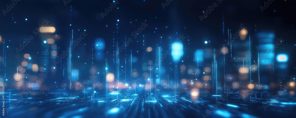 Naklejka premium A futuristic blue digital landscape with glowing lights, perfect for technology and innovation themes.