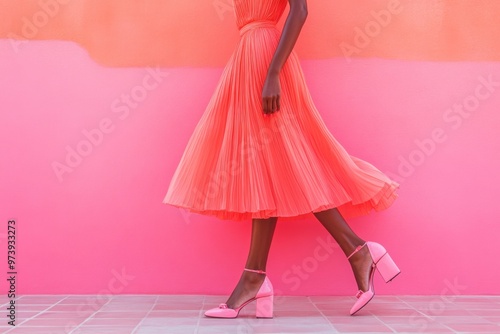 Person walking against a bright pink wall wearing a neon dress. photo