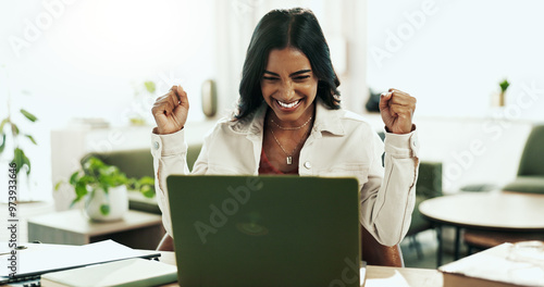 Tableau sur toile Remote work, woman and excited at laptop for win, company growth and good news in email