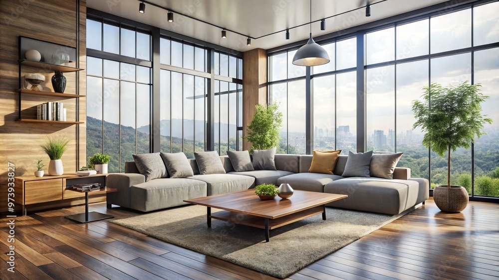 A sleek, minimalist living room features a low-profile sectional sofa, reclaimed wood coffee table, and A sleek, minimalist living room features a low-profile sectional sofa, reclaimed wood coffee table, and