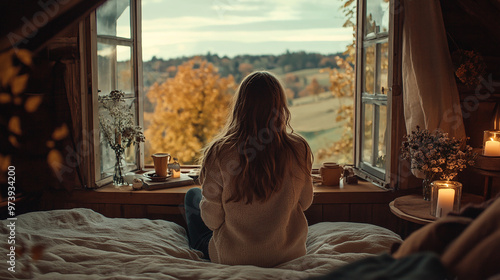 Fototapeta Naklejka Na Ścianę i Meble -  The girl is sitting on the bed, holding a cup of coffee in her hands, looking at the open window, from which there is a view of the autumn landscape
