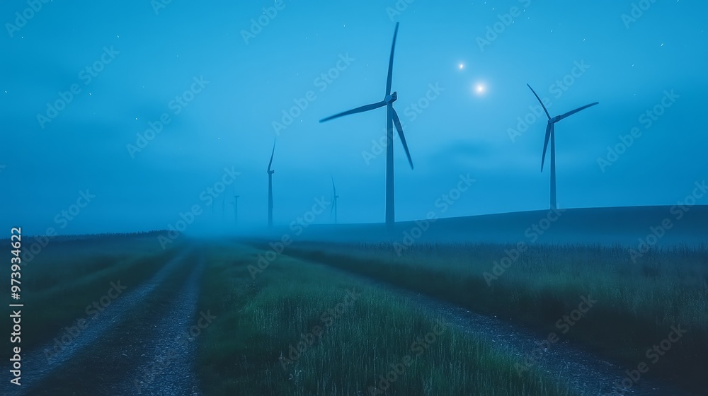 Obraz premium Vast night sky filled with twinkling stars over a quiet field of wind turbines, the moonlight reflecting softly on their rotating blades