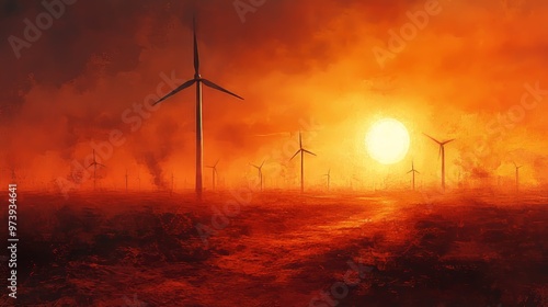 Sunset over wind turbine valley, soft orange hues, shadows stretching across landscape, Watercolor style