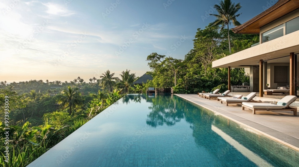 Obraz premium A luxurious outdoor swimming pool surrounded by tropical landscaping and lounge chairs in a modern villa.