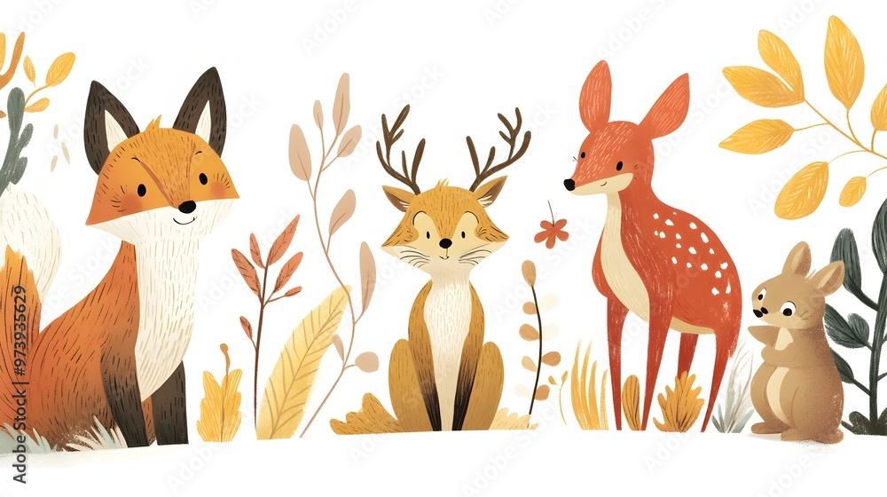 A Fox, Deer, and Rabbit in a Woodland Setting A Fox, Deer, and Rabbit in a Woodland Setting