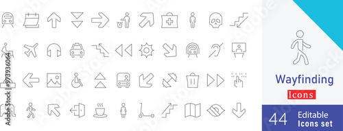Set of 44 Wayfinding Modern stroke Symbols. containing  navigation, signage, arrows,  waypoints, paths, route, travel and more stroke icons