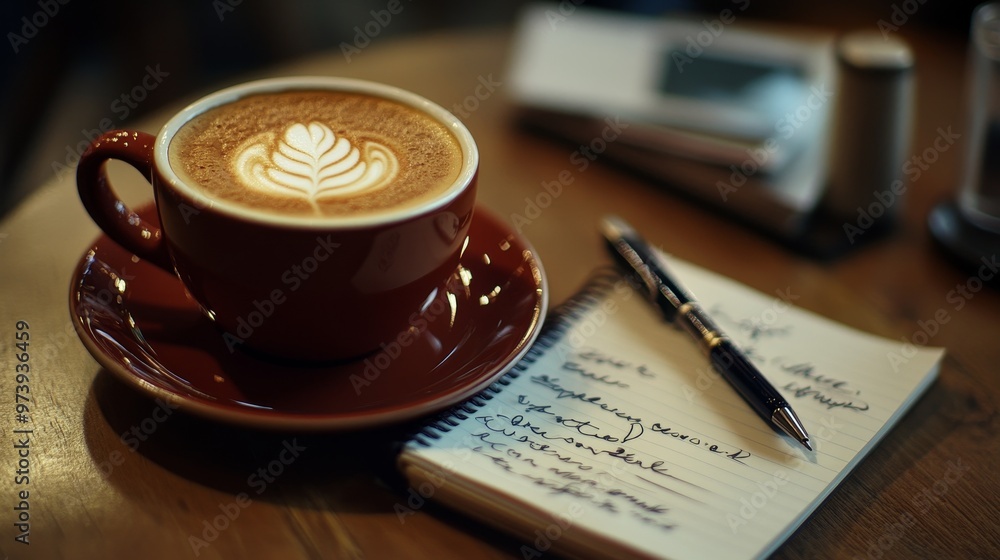 Cozy Cappuccino Break - Top-Down View of Cappuccino Cup with Notepad and Pen in Warm Indoor Setting Cozy Cappuccino Break - Top-Down View of Cappuccino Cup with Notepad and Pen in Warm Indoor Setting