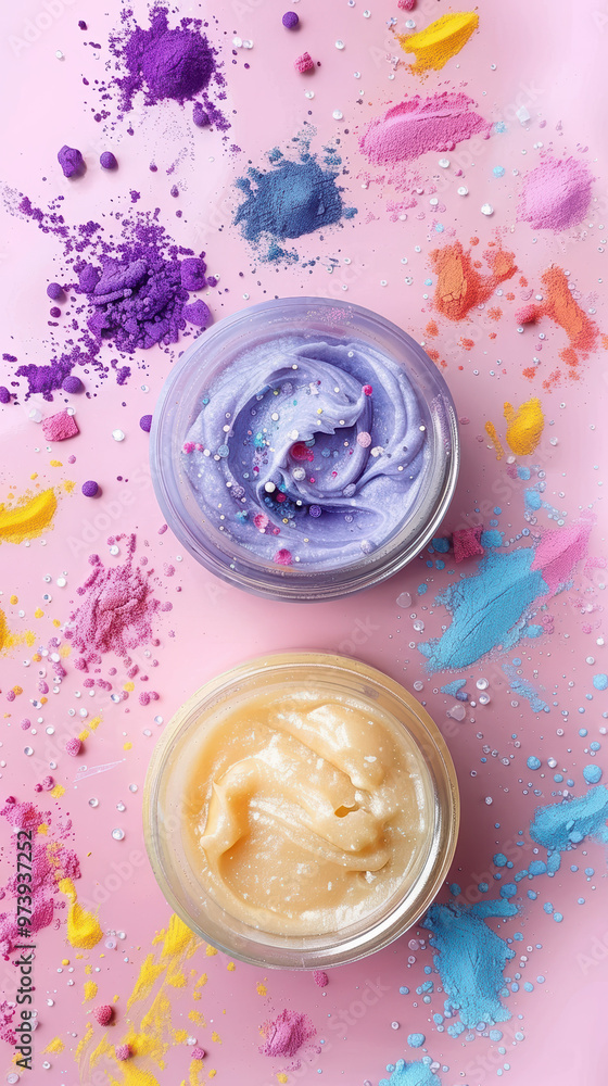 skincare cosmetics cream colorful beauty pastel texture art makeup jars paint pink purple yellow blue vibrant skincare product beauty product artistic background skincare cosmetics cream colorful beauty pastel texture art makeup jars paint pink purple yellow blue vibrant skincare product beauty product artistic background