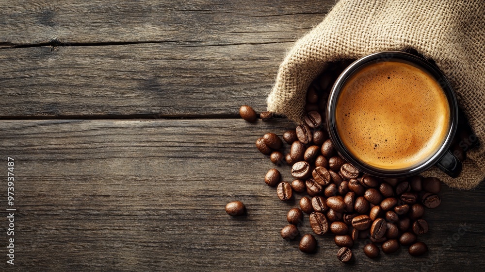 Rustic Coffee Scene with Spilled Beans and Espresso Cup on Wooden Table in Natural Light Rustic Coffee Scene with Spilled Beans and Espresso Cup on Wooden Table in Natural Light