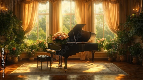 A grand piano in a sunlit room filled with flowers and greenery.