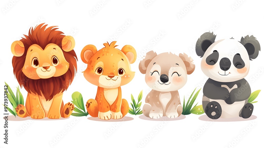 Four Adorable Cartoon Animals Sitting in Grass Four Adorable Cartoon Animals Sitting in Grass
