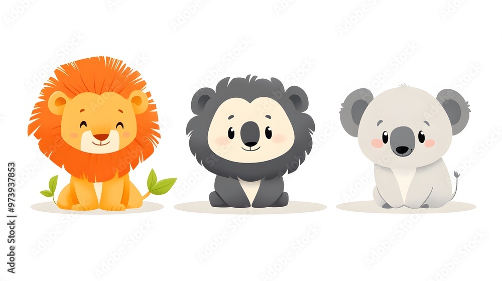 Cartoon lion, black bear, and koala sitting on white background Cartoon lion, black bear, and koala sitting on white background