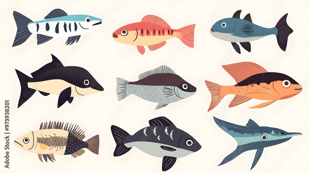 Fototapeta premium A Collection of Nine Colorful and Stylized Fish Illustrations