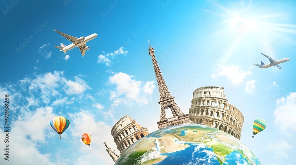 Naklejka premium A vibrant globe showcasing iconic landmarks and travel elements, perfect for representing global tourism and adventure.