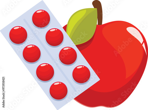 Cartoon red apple and blister pack of pills representing the choice between natural health and medicine