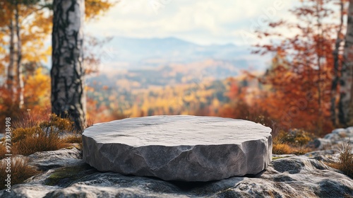 Stone podium stage on edge mountain and valley view nature in autumn forest