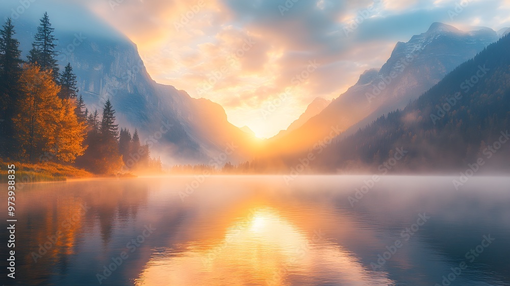 Serene lake at sunrise, with mist rolling across the water, towering mountains in the background, golden light reflecting off the tranquil surface Serene lake at sunrise, with mist rolling across the water, towering mountains in the background, golden light reflecting off the tranquil surface