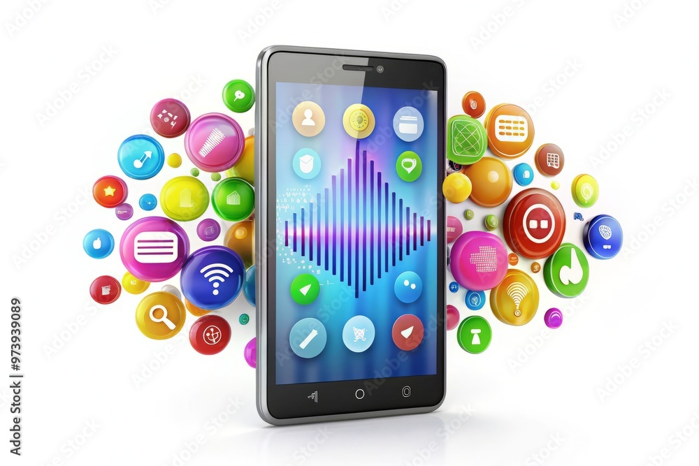A sleek, modern smartphone with a bright screen displaying a stylized waveform, surrounded by colorful icons and A sleek, modern smartphone with a bright screen displaying a stylized waveform, surrounded by colorful icons and