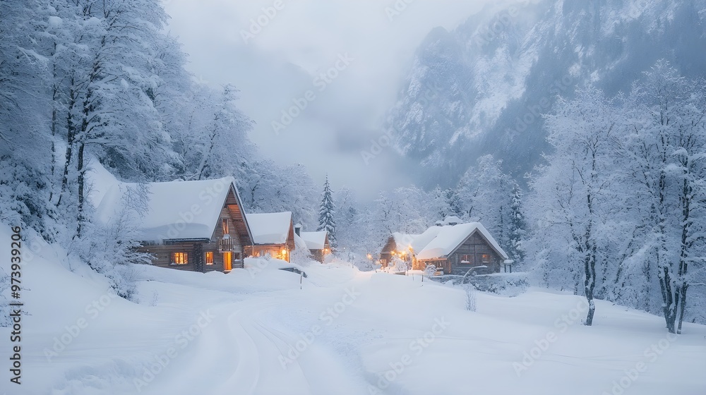 Naklejka premium Picturesque snowy village nestled in rugged mountain terrain, the calm of falling snow enhancing the cozy atmosphere of cabins, misty morning light