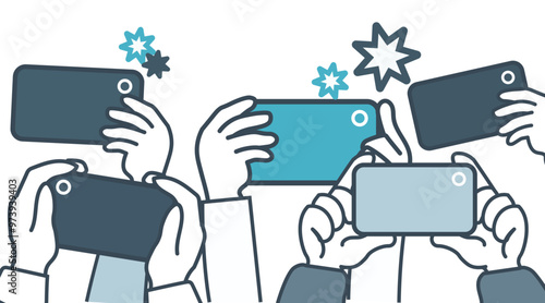 スマートフォンで撮影する群衆のイラスト