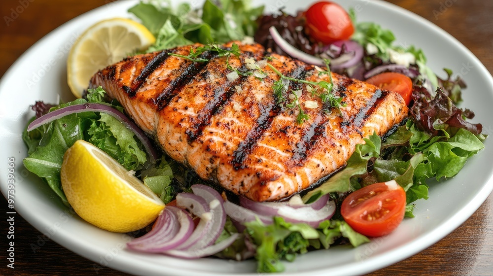 A plate of grilled salmon over mixed greens with tomatoes, onions, and lemon, perfect for a healthy and appetizing meal advertisement A plate of grilled salmon over mixed greens with tomatoes, onions, and lemon, perfect for a healthy and appetizing meal advertisement