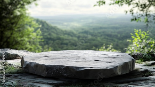 Stone podium stage on edge summer and valley view nature in winter forest
